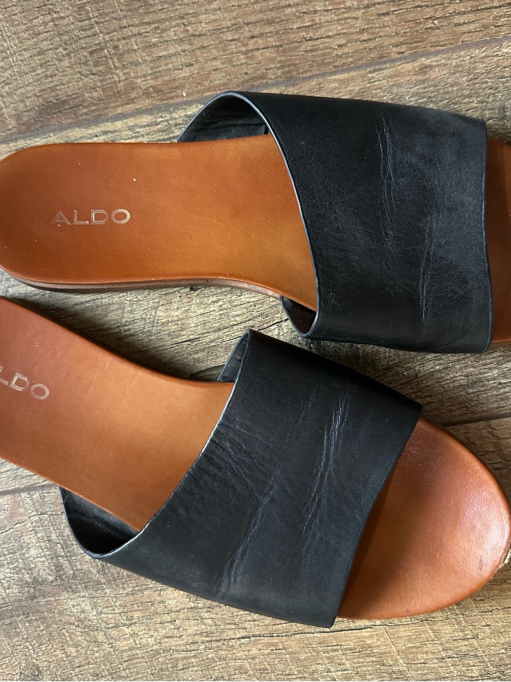 ALDO Black Leather Slide Sandals with Tan Footbed